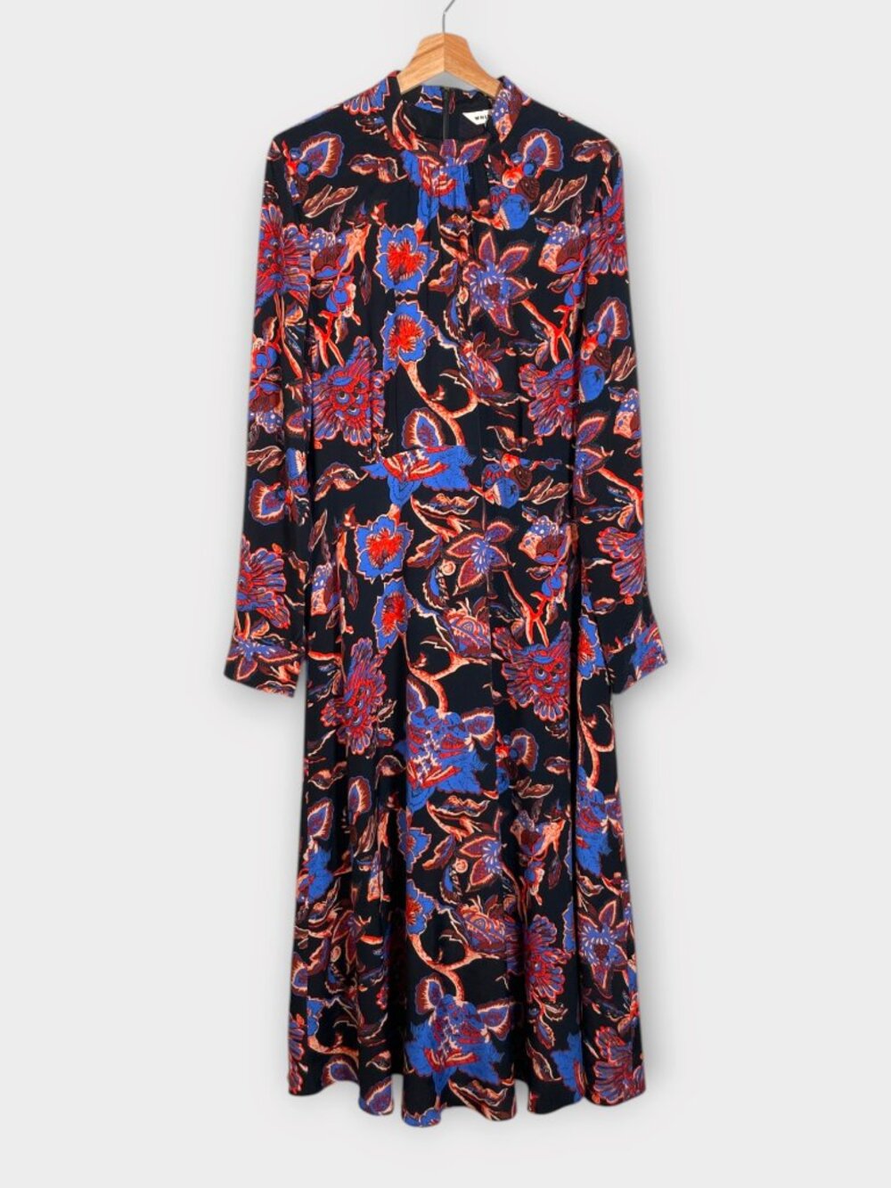 Whistles Trailing Bloom Midi Dress 12 US Black Blue Ruby Long Sleeve Lined NWOT